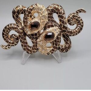 Vintage Extra Large Brown Enamel Double Snake Brooch Pin Pendant Crystals